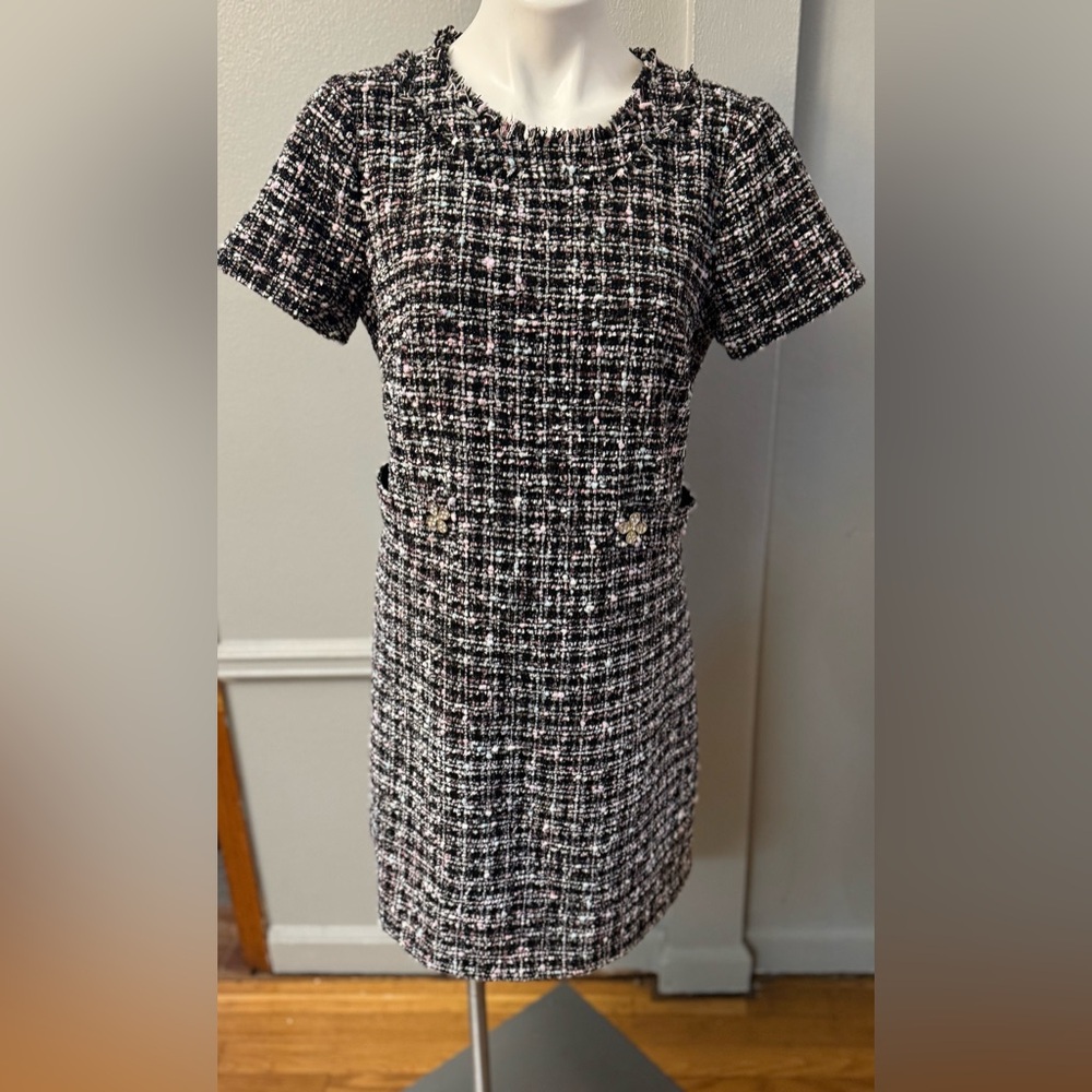 Eliza J Black and White Tweed Mini Dress with Pink Accents